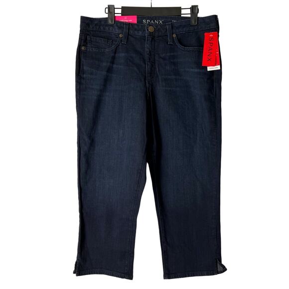 NWT SPANX SLIM X TECHNOLOGY BLUE DARK WASH DENIM CAPRI JEANS Women's Size 29 - Picture 1 of 13